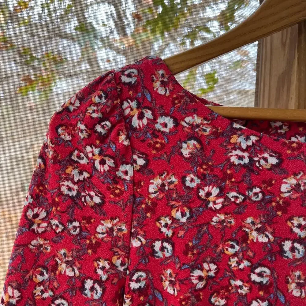 Free People Say Hello Mini Dress Red Floral Long Sleeves Size S